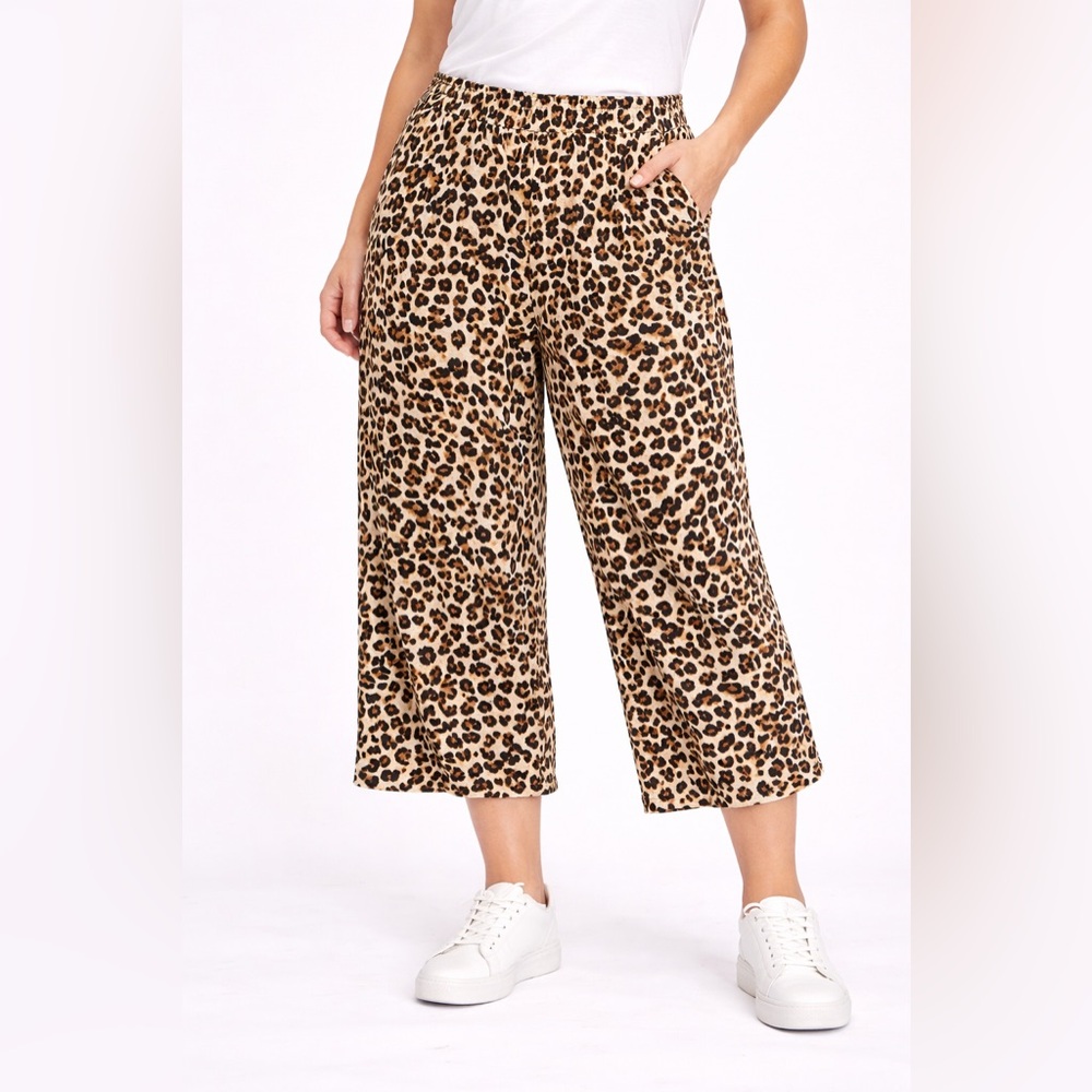 Leopard Print Cropped Wide-Leg Pants - Beige/Black